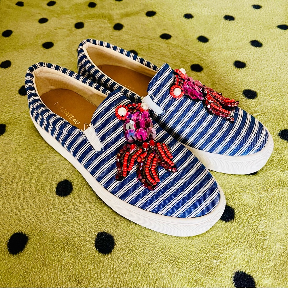 Brand New (Still with tags) Striped Slip-On Sneakers with Beaded Lobster Design